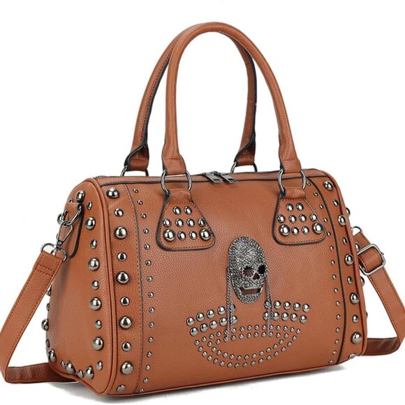 Women Skull Handbag Gothic Rivet Tote Satchel Shoulder Crossbody Bag